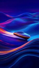 未来游艇穿梭于霓虹波浪之中