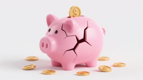 破裂的粉色存钱罐与金币