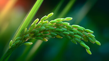 阳光下绿色稻穗的特写摄影图