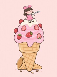 女孩坐在草莓冰淇淋甜筒上
