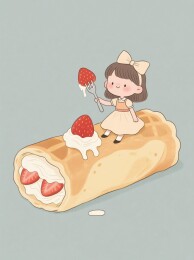 女孩坐在草莓卷蛋糕上