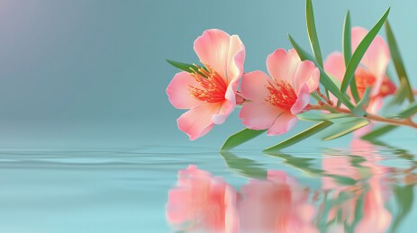 夏日水边的粉色小花夹竹桃3D卡通立体插画