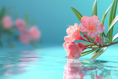 夏日水边的粉色小花夹竹桃3D卡通立体插画