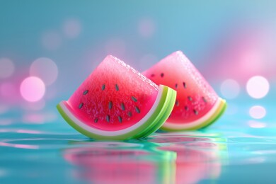 夏日清凉水面的彩色西瓜3D卡通立体插画