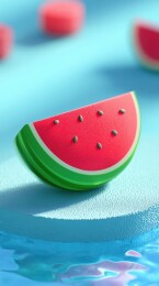 夏日清凉水面的彩色西瓜3D卡通立体插画