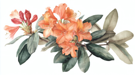 水彩映山红花枝静谧写实