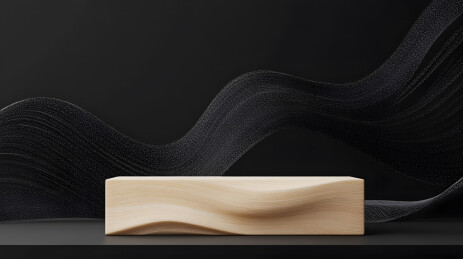 黑色曲线背景中的方形木质展台