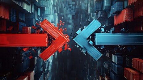 集装箱组成的箭头互相碰撞贸易战