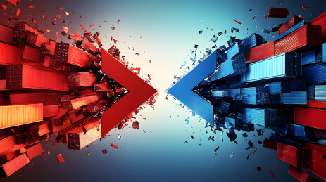 集装箱组成的箭头互相碰撞贸易战
