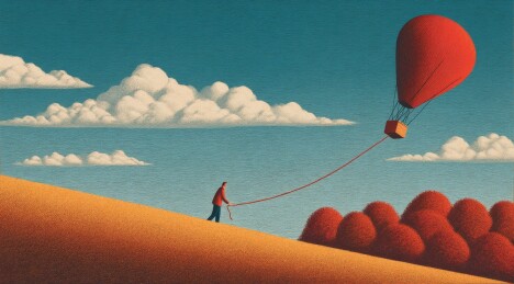 一人牵引热气球上坡