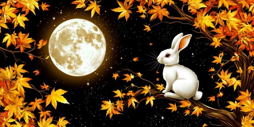 白兔暖色调月夜栖息场景