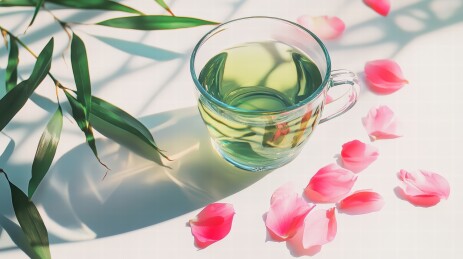 一杯绿茶与花影的静谧时光