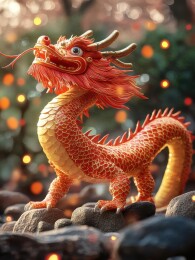 橙色龙雕塑在灯光下的奇幻场景