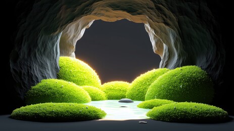 可爱长满绿色毛绒植物洞穴3D立体卡通插画