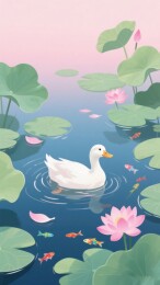 池塘中的白鸭与莲花