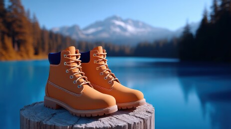 湖畔山景中的橙色靴子