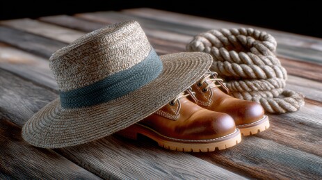 草帽、靴子和绳索的静物组合