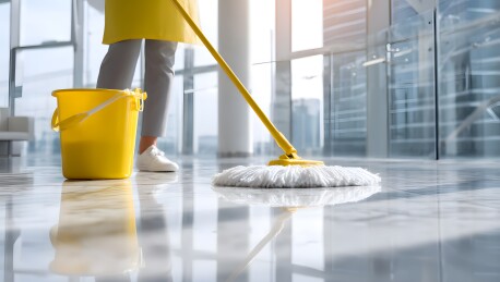 清洁工正在用拖把擦拭办公室地板