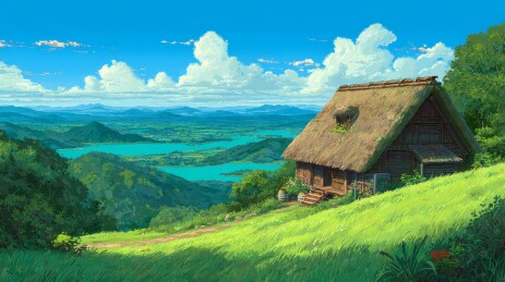 山峦田园茅屋晴空图