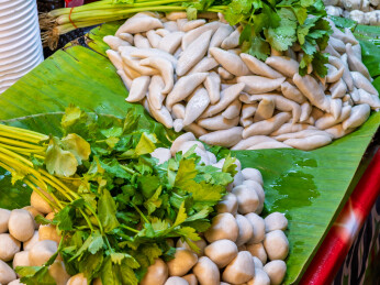 摆放在绿色香蕉叶上的新鲜泰式鱼丸和鱼饼