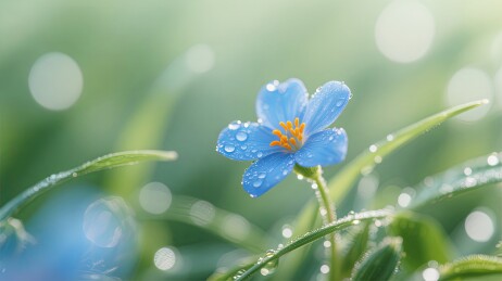 清晨露珠点缀的蓝色小花