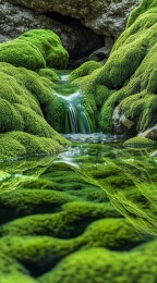 青苔覆盖的岩石与清澈溪流
