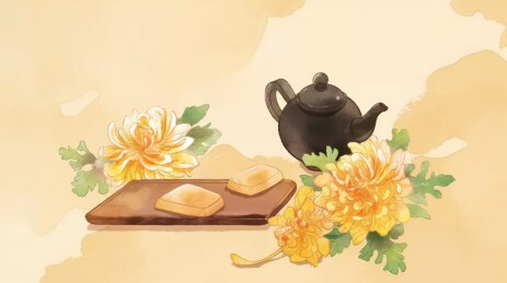 茶具与菊花的静物画