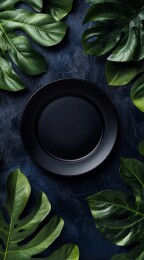 黑色盘子与绿叶的静物组合