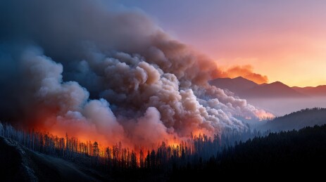 夕阳下的森林大火