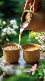 陶壶倾注热饮两杯静享花间