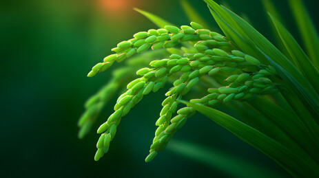 阳光下绿色稻穗的特写摄影图