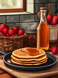 平底锅上的温暖可丽饼与新鲜草莓