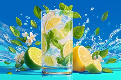 夏日清凉柠檬薄荷饮品插画