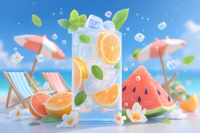 夏日清凉柠檬薄荷饮品插画