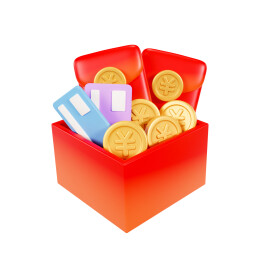 3D渲染的打开的红色礼盒红包金币优惠券