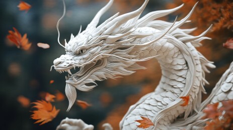 白色龙雕与秋叶