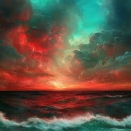 红云映海波涛汹涌的壮丽景象
