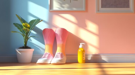 阳光下的彩色袜子与运动鞋