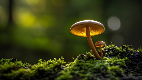 林间地面的蘑菇与青苔