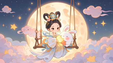 仙子玉兔伴月中秋插画