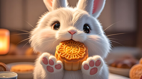 萌趣白兔抱中秋月饼图