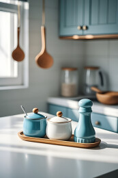 厨房蓝白器具整洁图