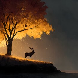 秋日黄昏下的鹿与金树