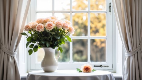 窗边的玫瑰花束