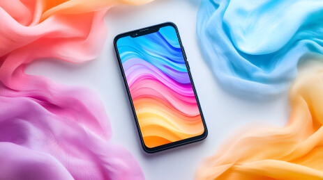 彩色丝带中的现代智能手机