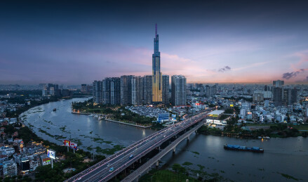 越南胡志明市城市高楼天际线夜景风光航拍