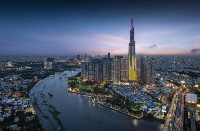 越南胡志明市城市高楼天际线夜景风光航拍