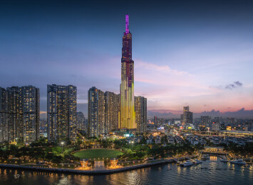 越南胡志明市城市高楼天际线夜景风光航拍