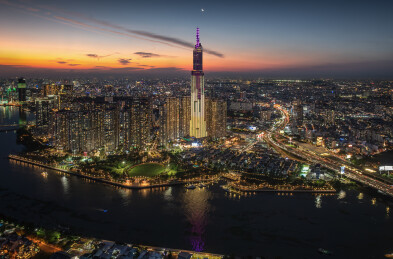 越南胡志明市城市高楼天际线夜景风光航拍