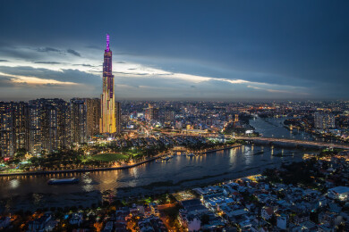 越南胡志明市城市高楼天际线夜景风光航拍
